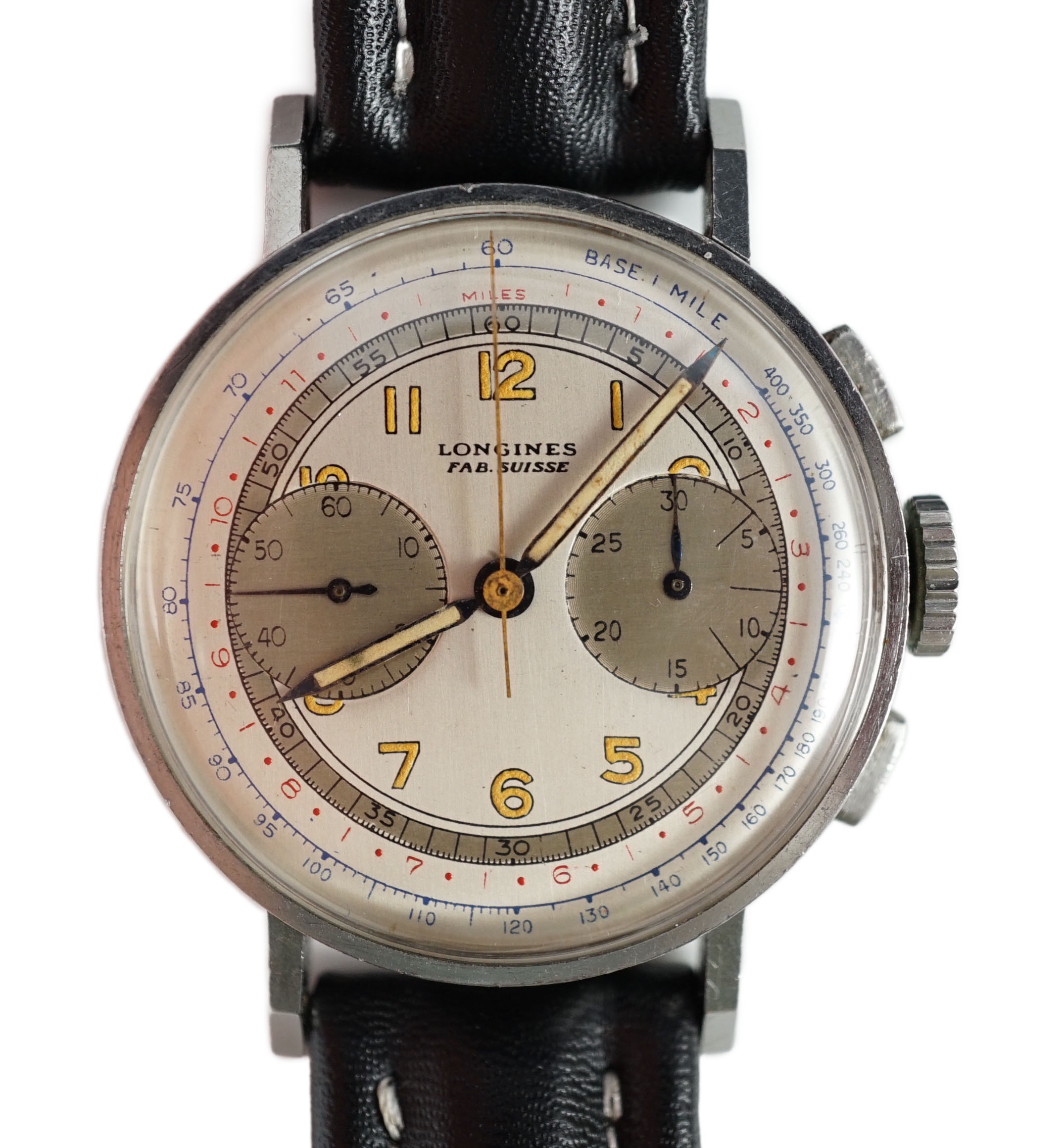 A gentleman's rare 1940's stainless steel Longines Flyback manual wind chronograph wrist watch, ref. 4994, serial number 6,411,516, movement c.13ZN